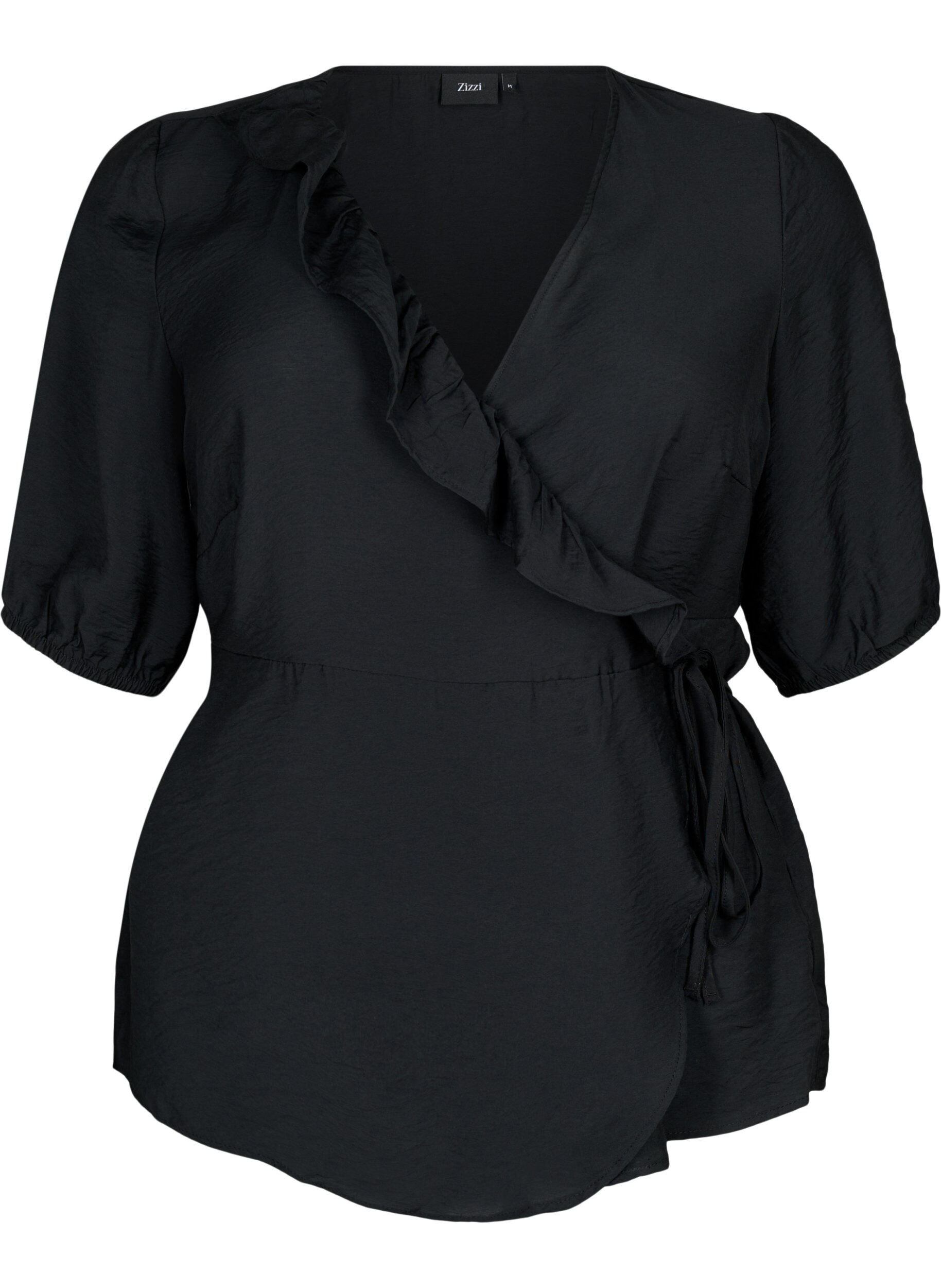 Zizzifashion Wrap blouse in viscose with 1/2 sleeves, Black, Packshot image number 0