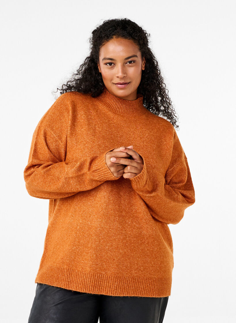Knitted wool blouse with high neck, Autumnal Mel., Model image number 0