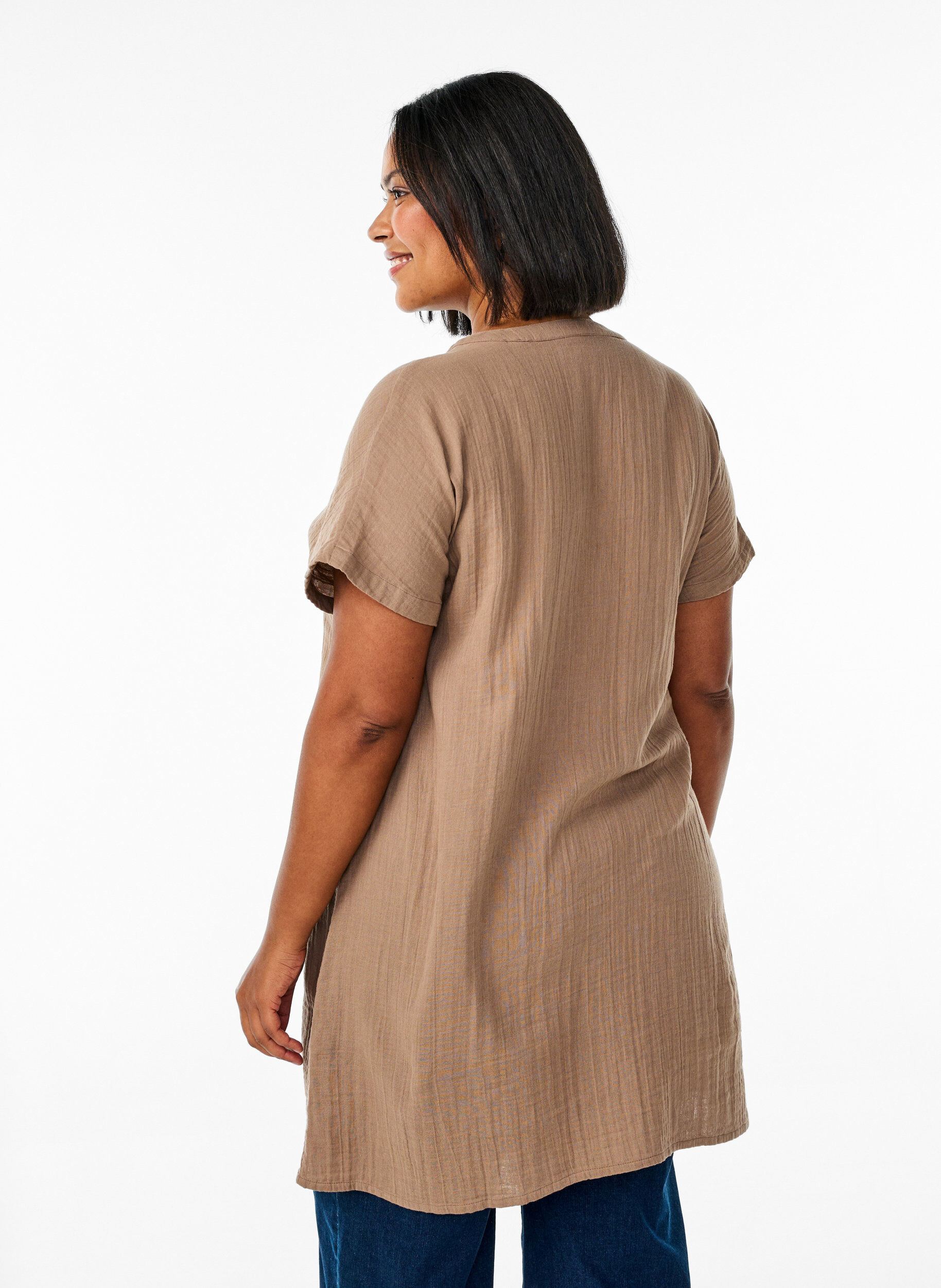 Zizzifashion Long cotton muslin shirt, Brown, Model image number 2