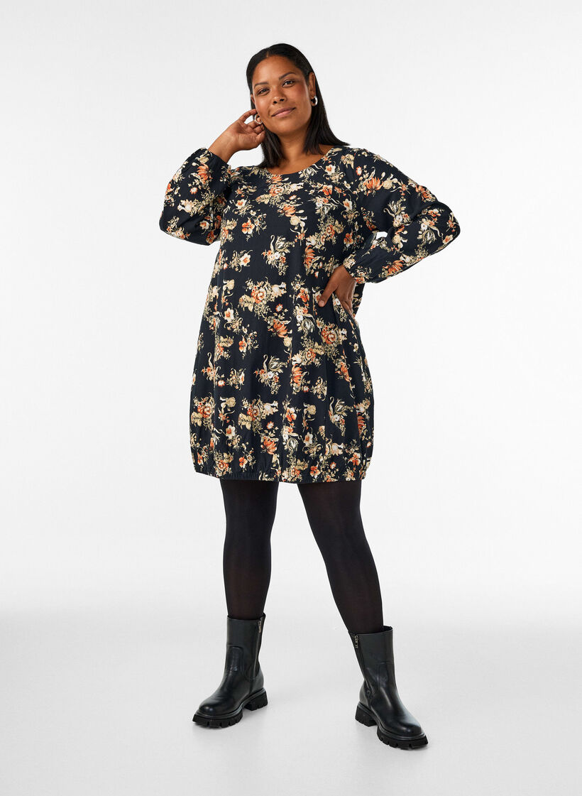 Short cotton dress with an elasticated hem and long sleeves, Black, Model image number 1