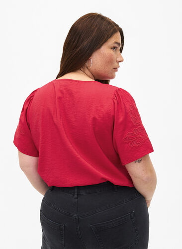 Short sleeve viscose blouse with embroidery, Tango Red, Model image number 1