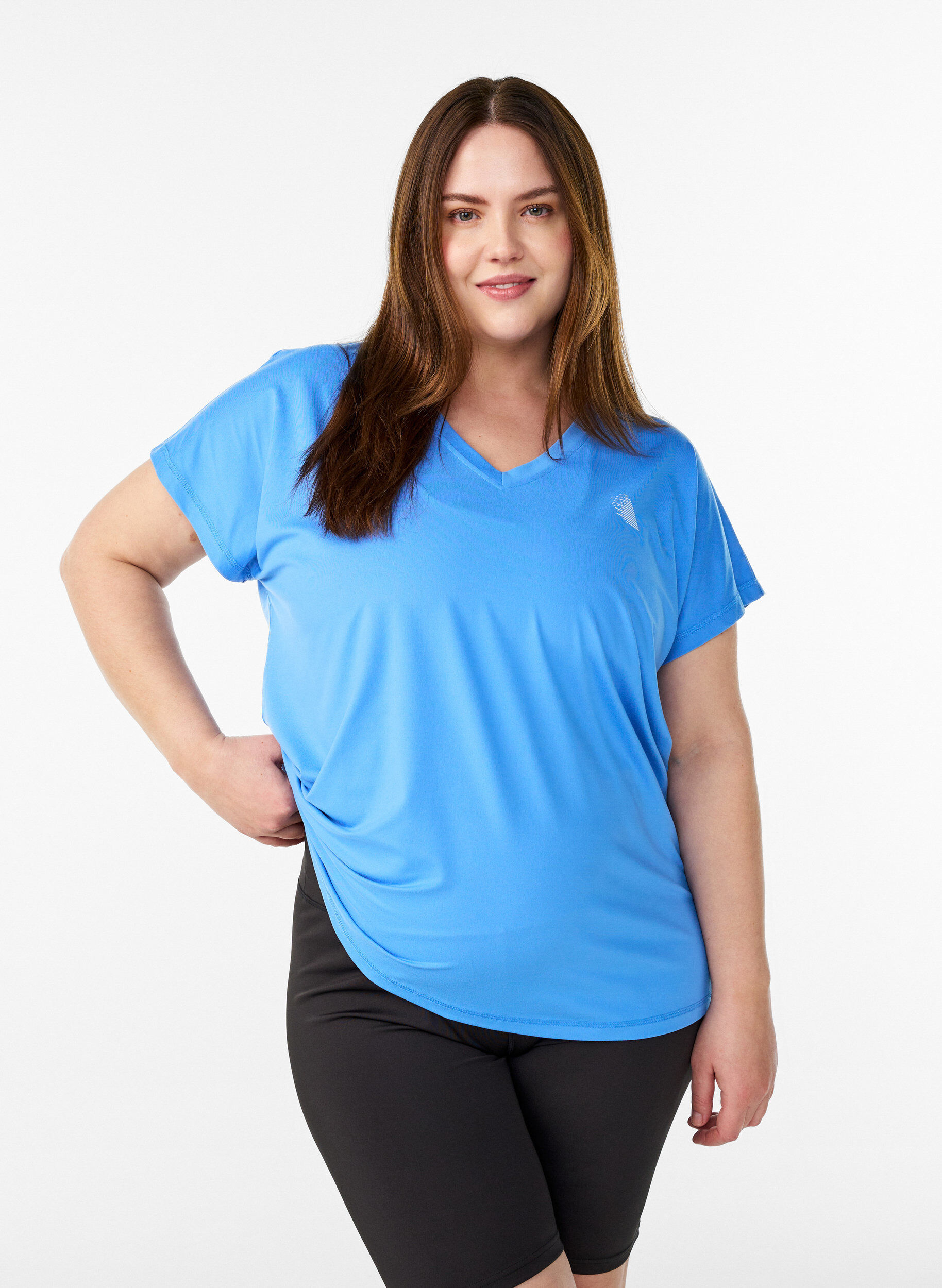 Loose training t-shirt with v-neck, Blue, Model