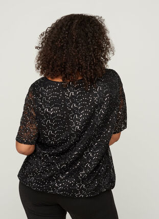 Short-sleeved lace blouse with sequins, Black, Model image number 1