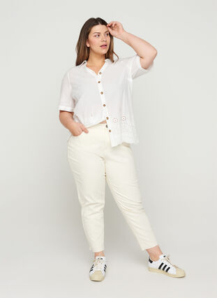 Short-sleeved shirt with broderie anglaise, Bright White, Model image number 2