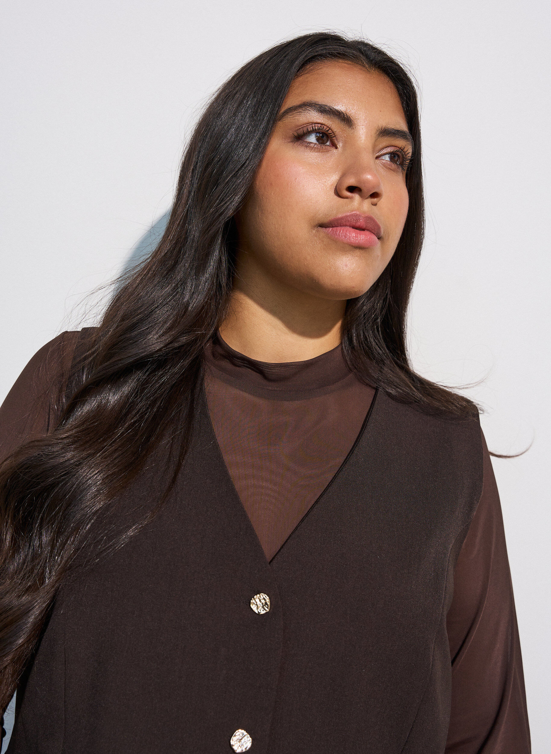 ZizzifashionFitted mesh blouse with long sleeves, Brown, Model image number 3
