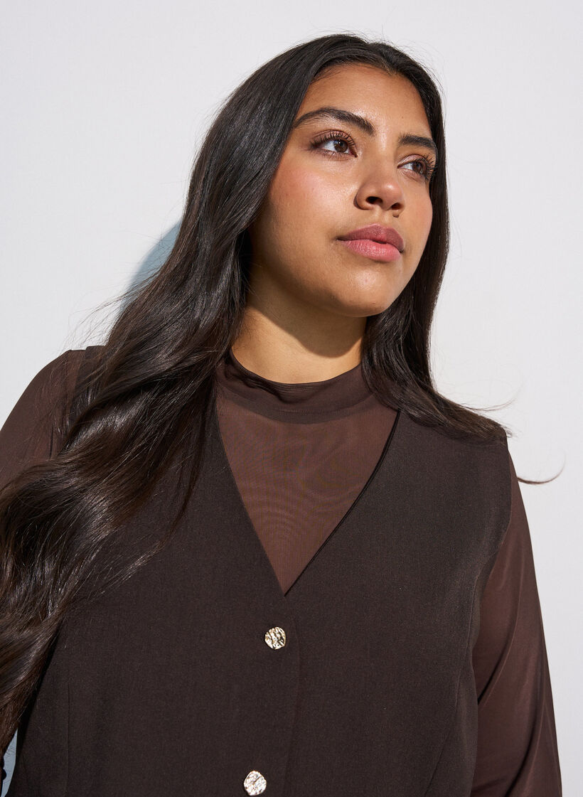 Fitted mesh blouse with long sleeves, Brown, Model image number 3