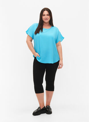 Blouse with short sleeves and a round neckline, Blue Atoll, Model image number 2