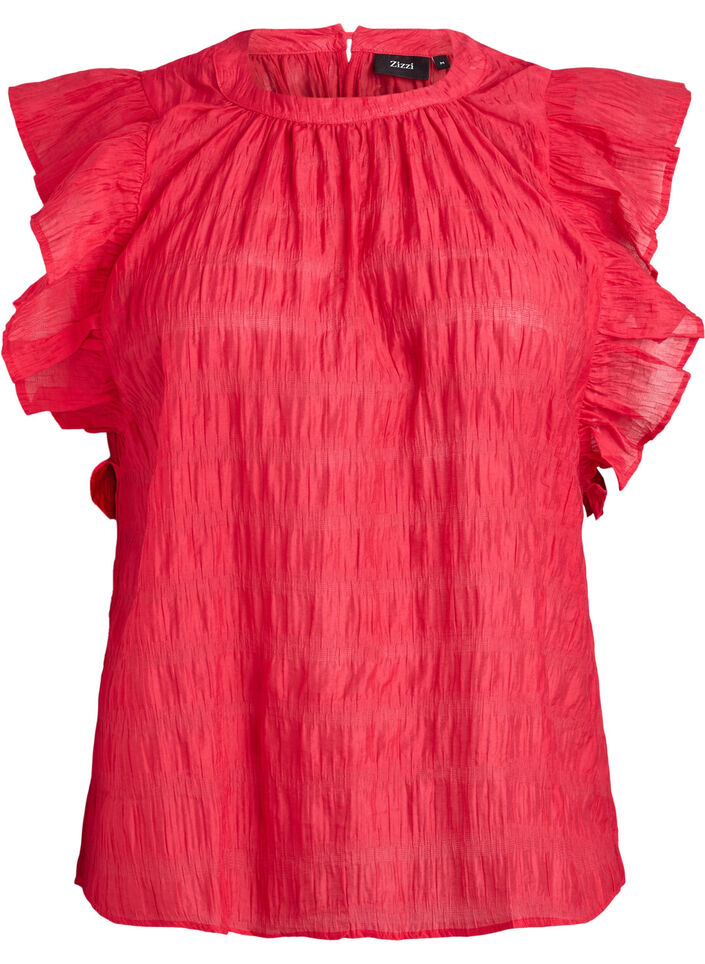 Sleeveless blouse with texture and ruffles, Red, Packshot image number 0