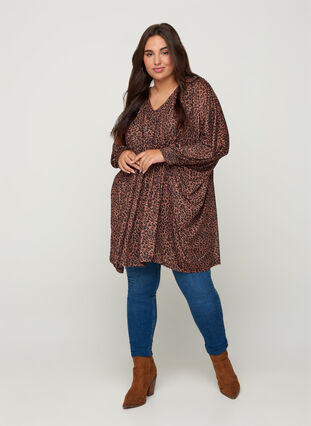 Leopard print tunic with smocking, Leo, Model image number 2
