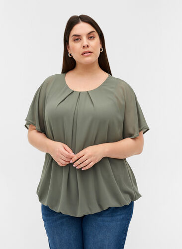 Short blouse with loose mesh sleeves, Agave Green, Model image number 0