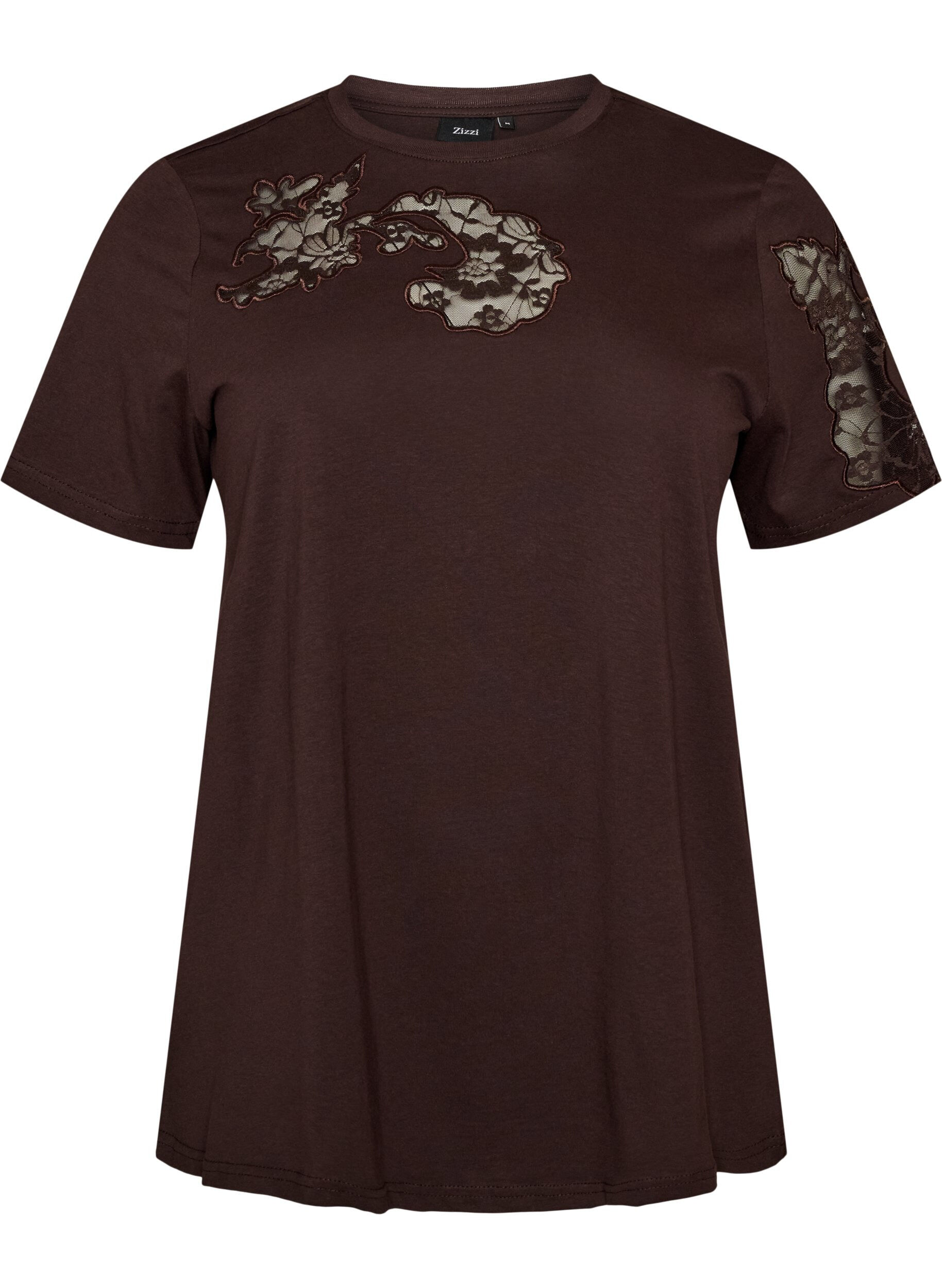 ZizzifashionCotton T-shirt with lace appliqu&eacute;s, Brown, Packshot image number 0