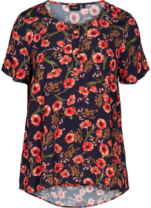 Floral viscose blouse with short sleeves, Black Poppy Flower, Packshot image number 0