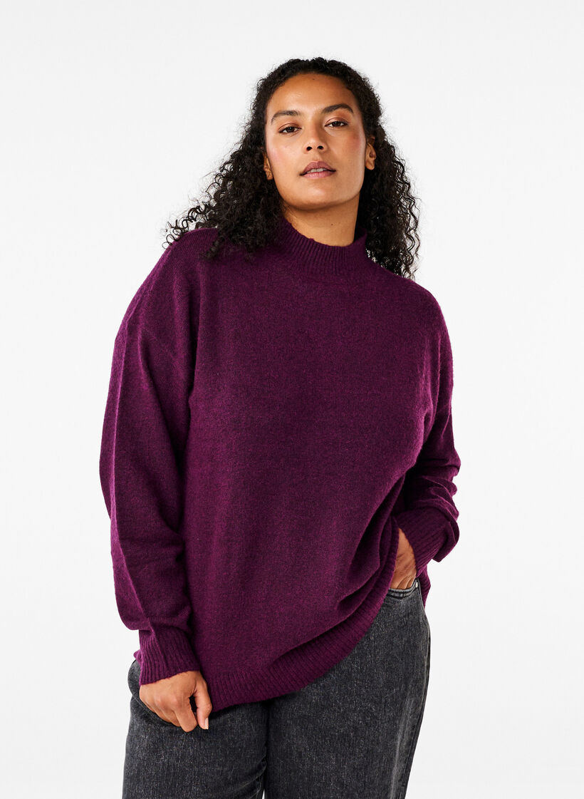 Knitted wool blouse with high neck, Potent Purple Mel., Model image number 0