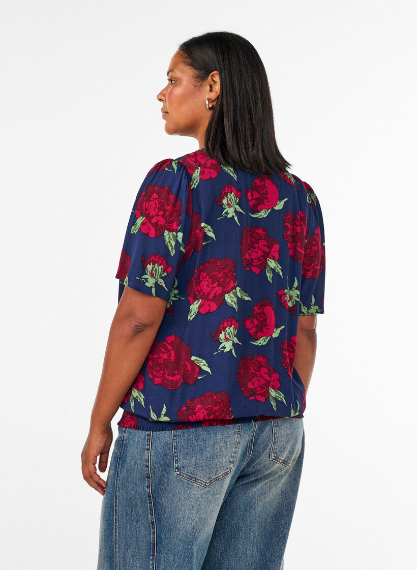 Viscose blouse with floral print and balloon shape, Blue, Model image number 2