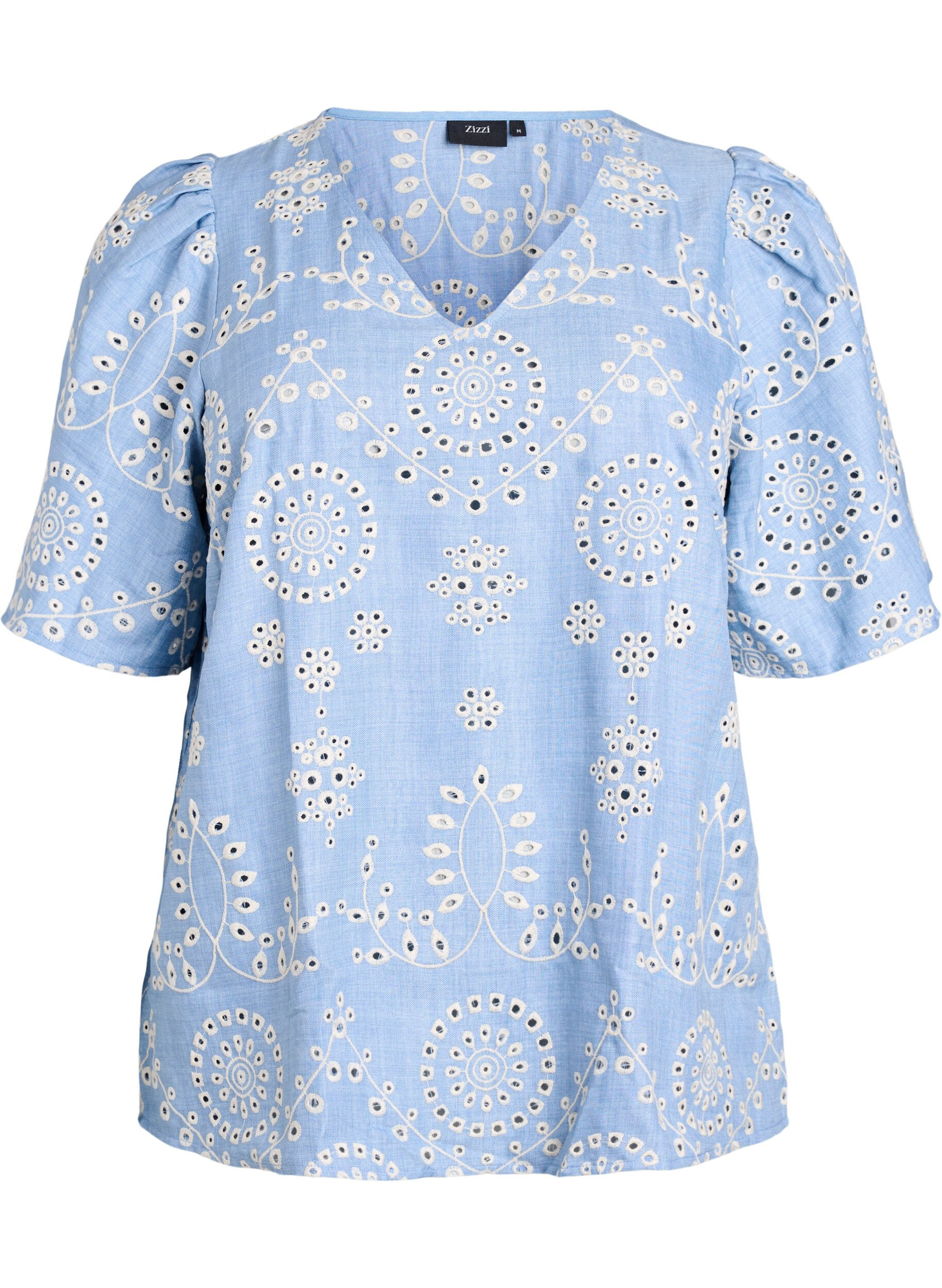 Zizzifashion Blouse with broderie anglaise and short puff sleeves, Blue, Packshot image number 0