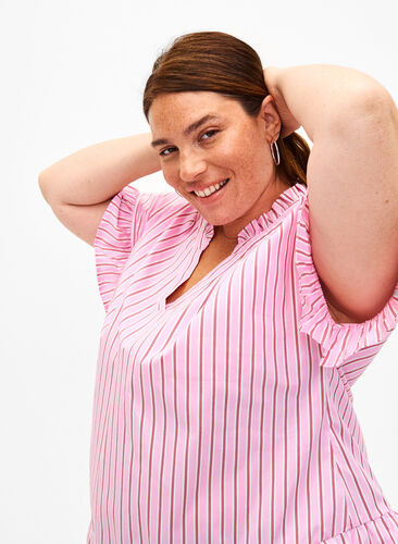 Striped blouse with peplum and ruffle details, Pink Red Stripe, Image image number 0