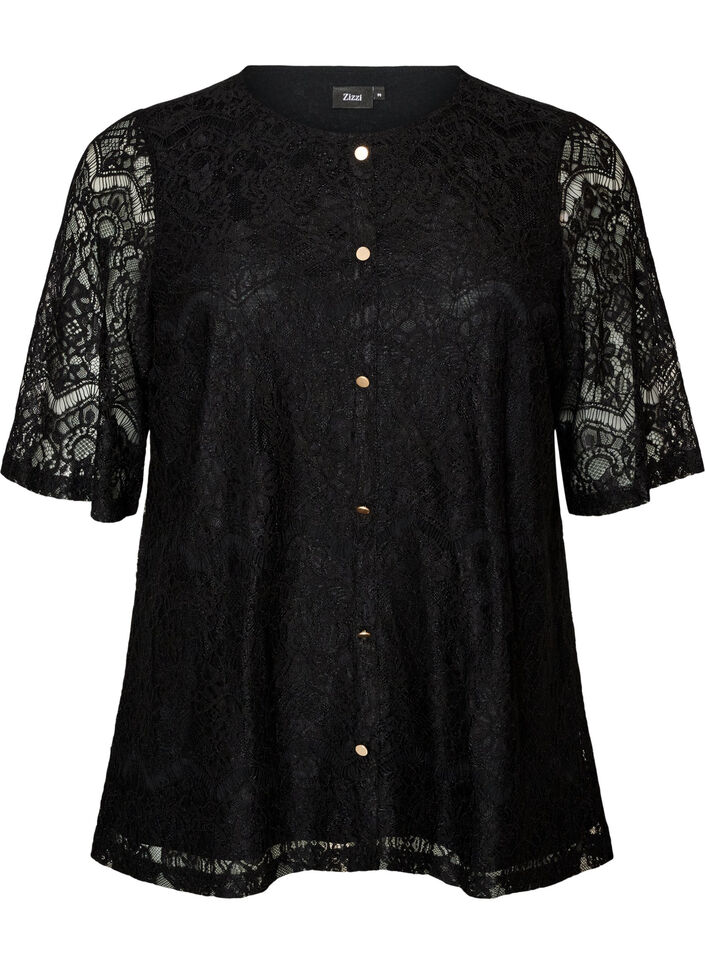 Lace blouse with decorative buttons, Black, Packshot image number 0