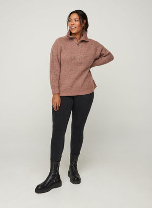 Marled knitted blouse with a zip and wool, Russet Mel, Model image number 2