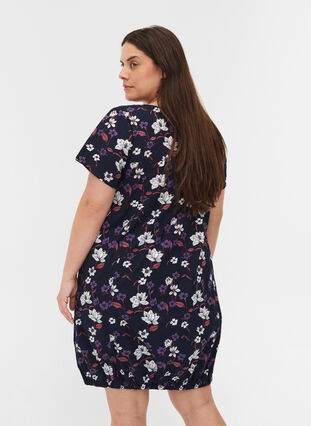 Short-sleeved, printed cotton dress, Night Sky w Flower, Model image number 1