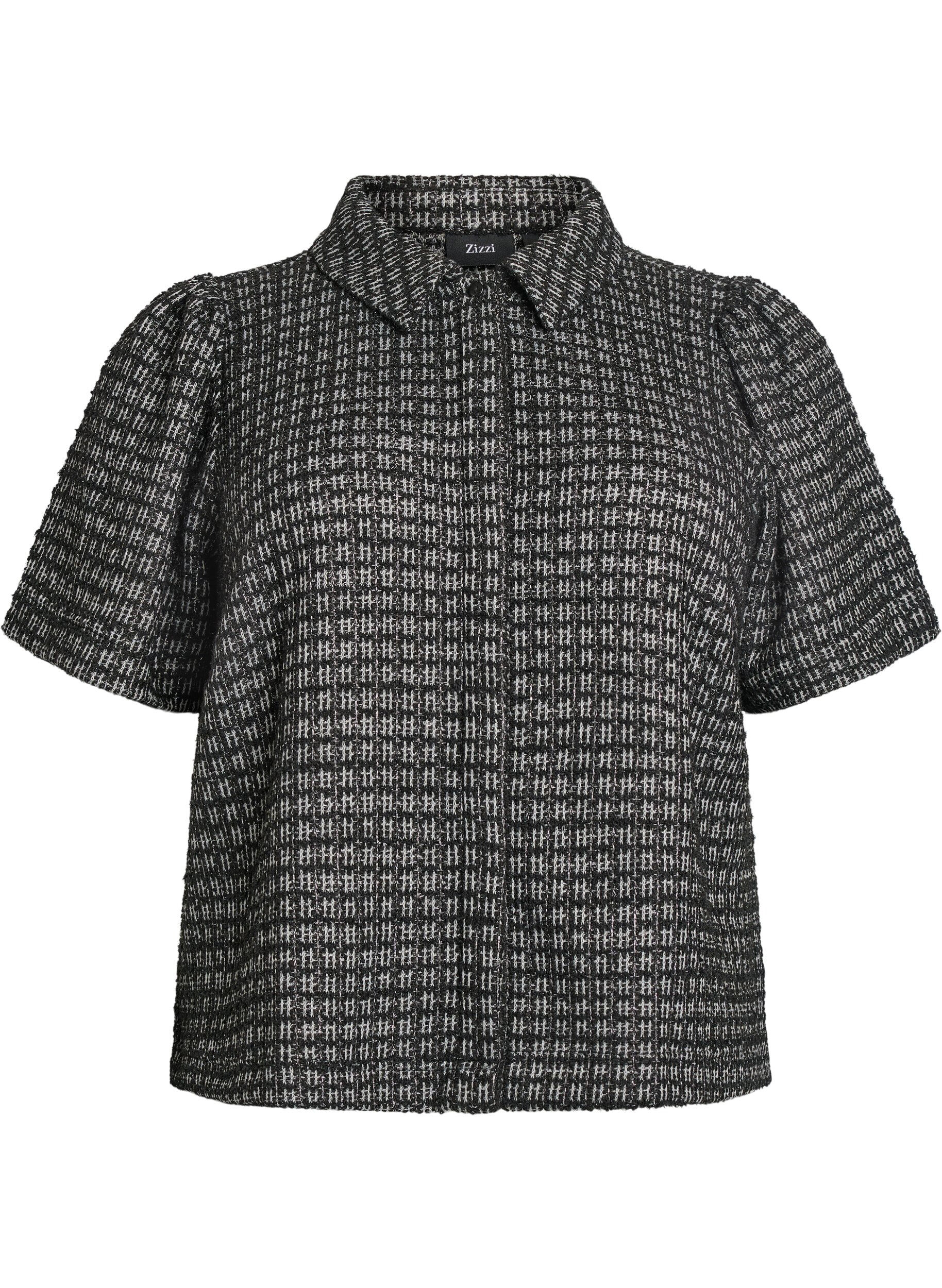 Boucl&eacute; shirt blouse with short sleeves
