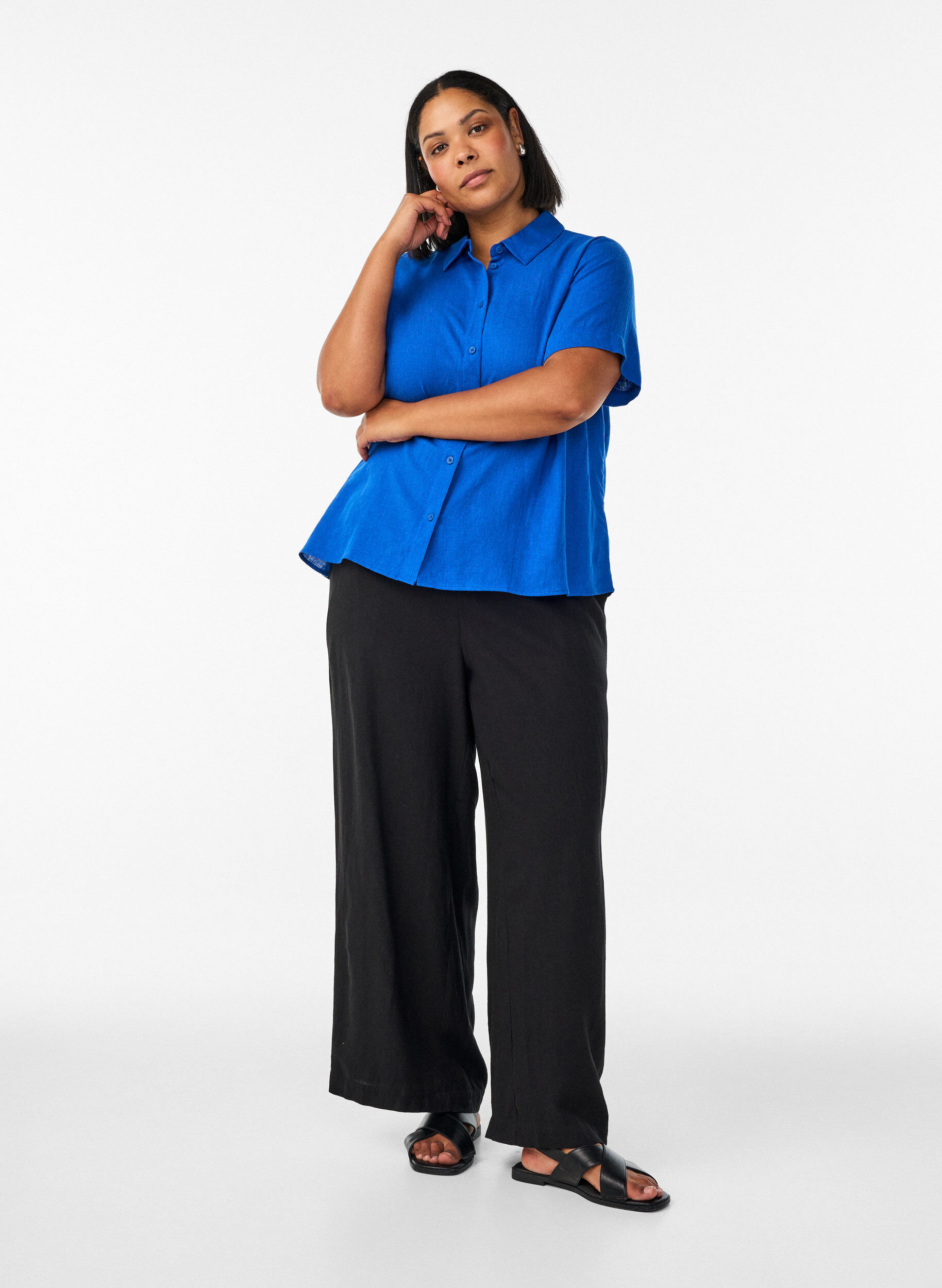Wide-leg linen and viscose trousers, Black, Model