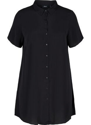 Short-sleeved viscose tunic with buttons, Black, Packshot image number 0