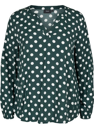 Long-sleeved viscose blouse with V-neck, Scarab w. White Dots, Packshot image number 0