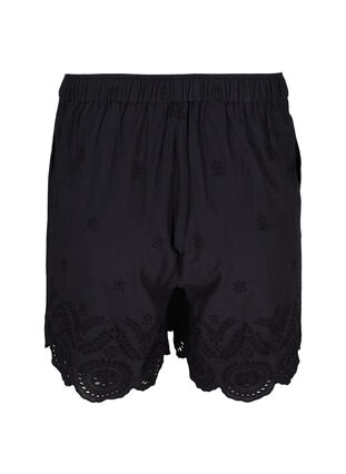 Cotton shorts with pockets and broderie anglaise, Black, Packshot image number 1