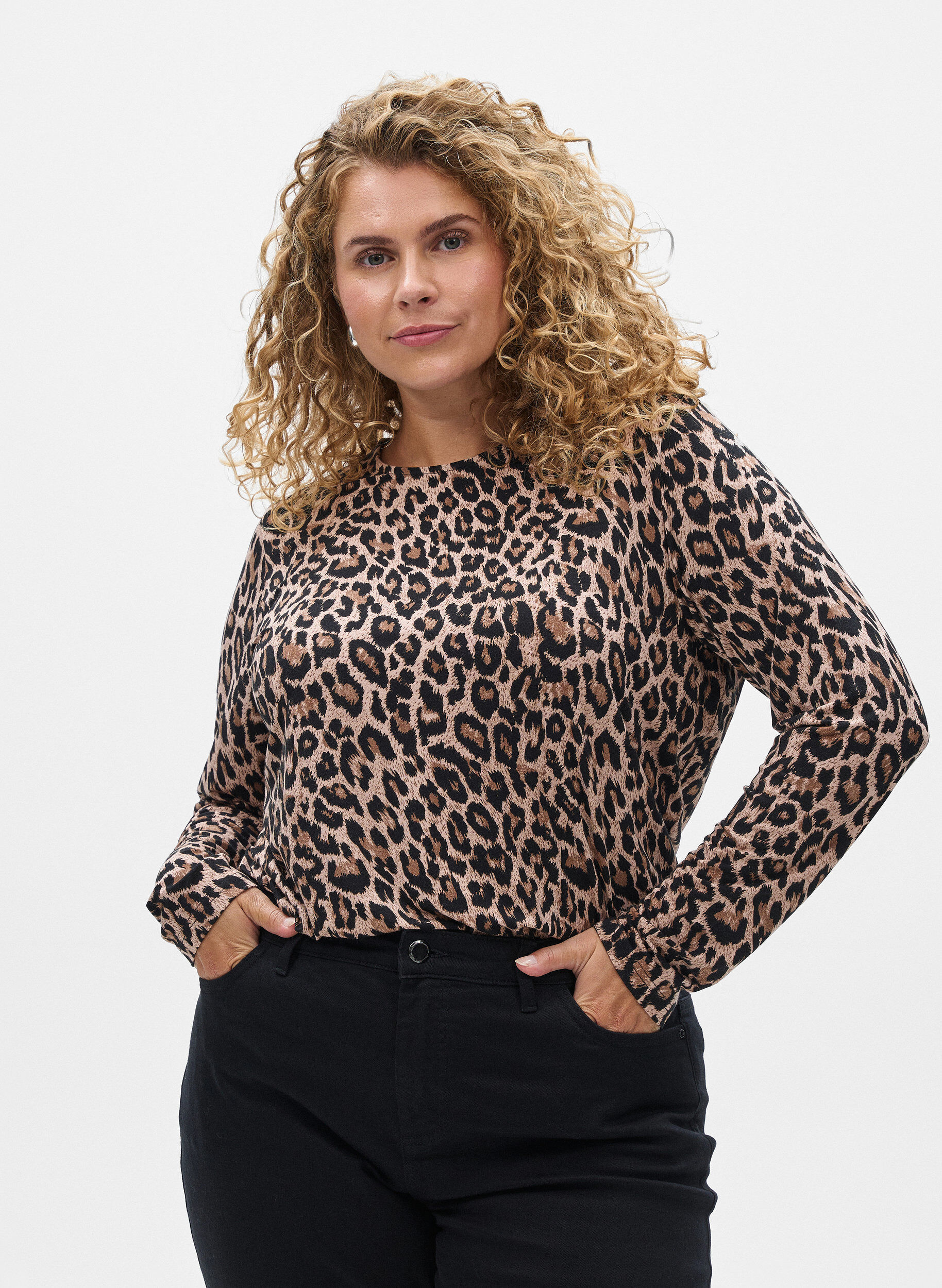 Zizzifashion Long-sleeved blouse with leopard print, Brown, Model image number 0