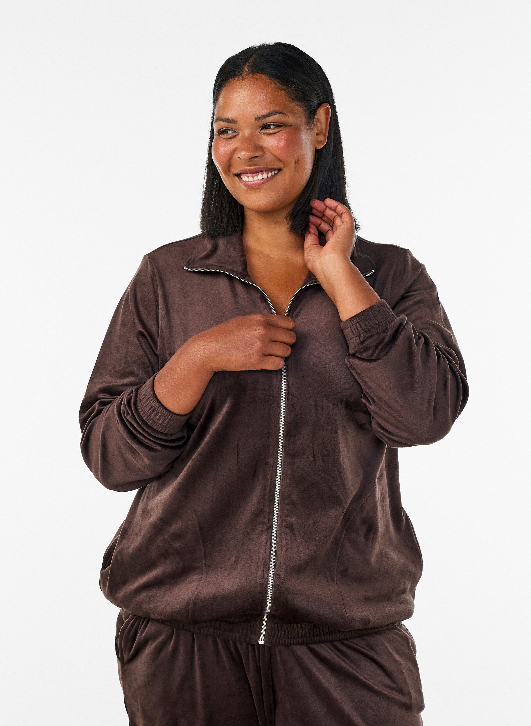 ZizzifashionSoft velour cardigan with a zipper and high collar, Brown, Model image number 0