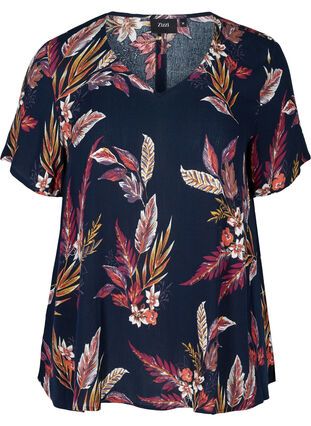 Short-sleeved viscose blouse with v-neck, Indien Summer Flower, Packshot image number 0
