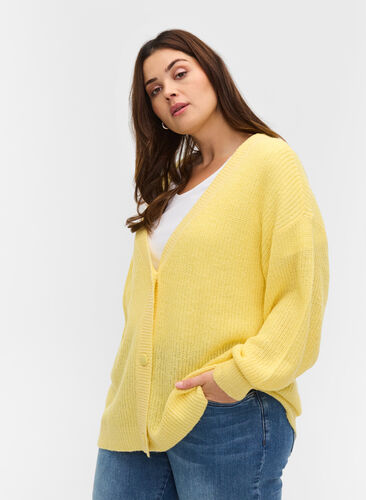 Knitted cardigan with buttons and balloon sleeves, Pale Banana Mel., Model image number 0