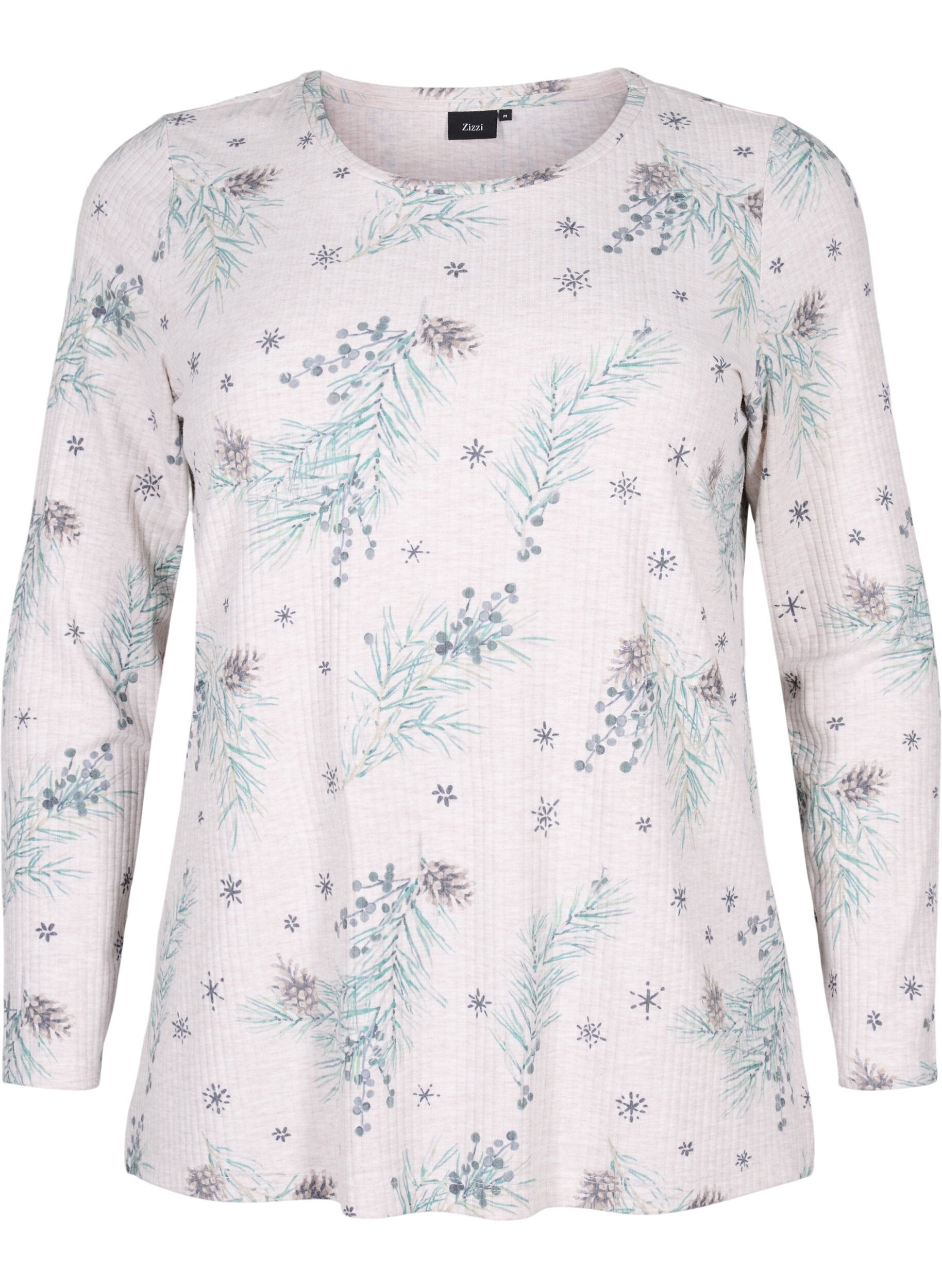 Zizzifashion Long-sleeved top in rib, Natural M&eacute;l AOP Gran, Packshot image number 0