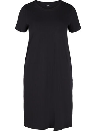 Short-sleeved dress in cotton with slit, Black, Packshot image number 0