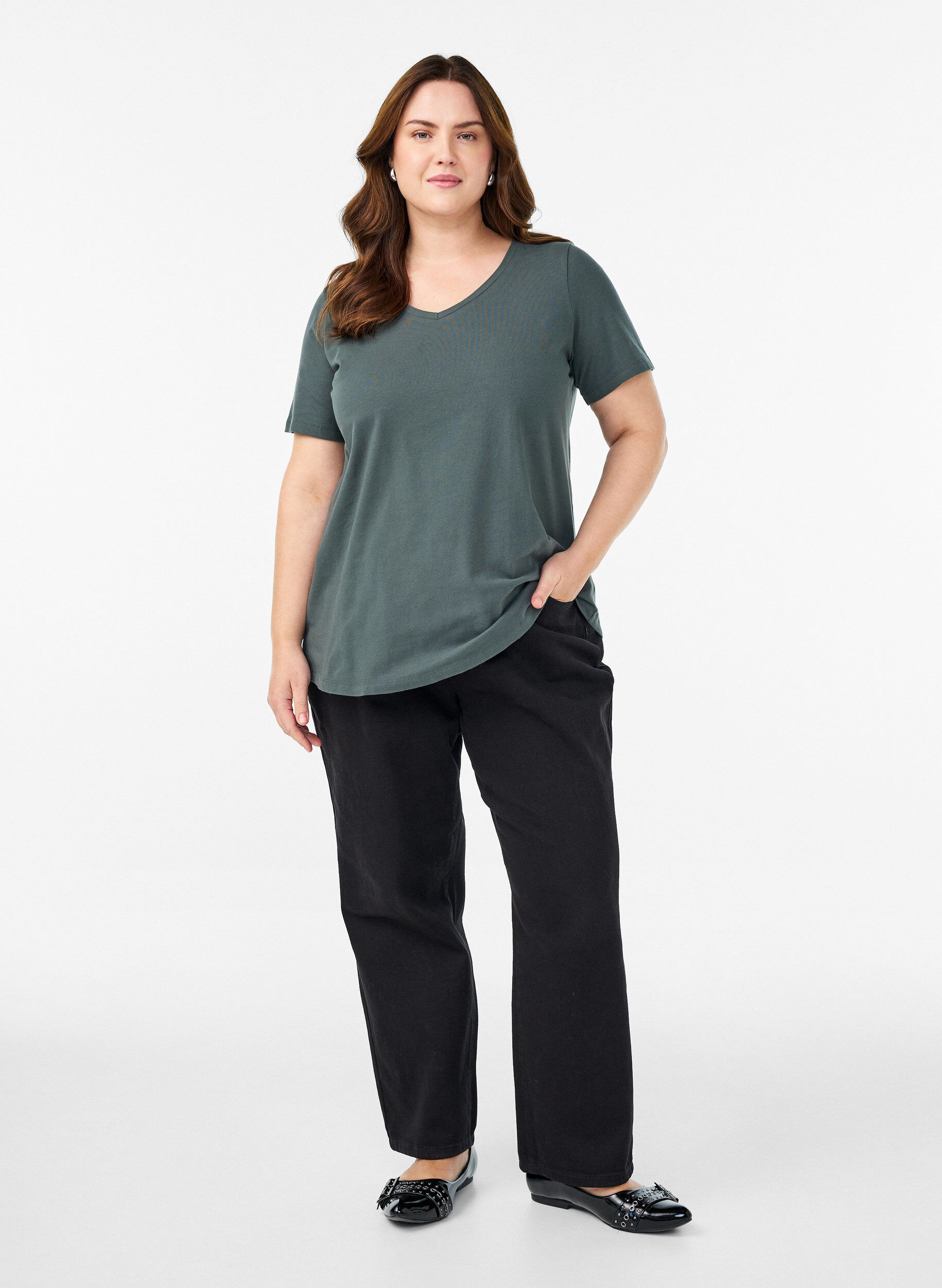 ZizzifashionSolid-coloured basic cotton T-shirt, Green, Model image number 1