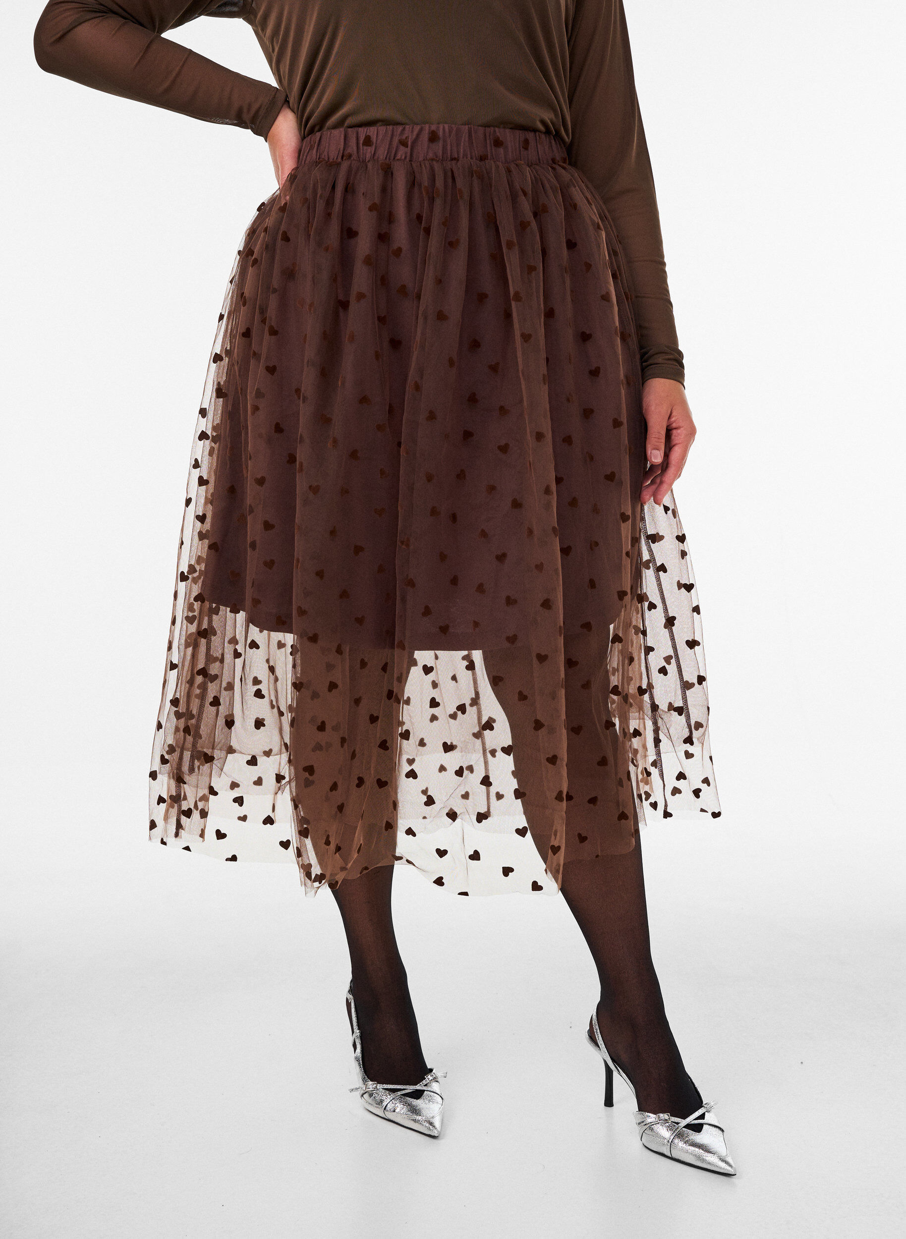 ZizzifashionMidi tulle skirt with hearts, Brown, Model image number 3