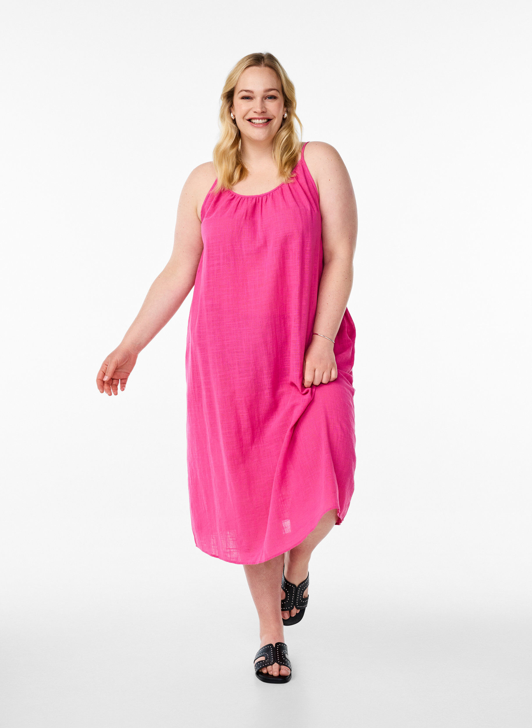 FLASH - Midi-length cotton strap dress, Pink, Model