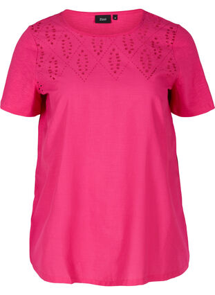 Short-sleeved t-shirt with broderie anglaise, Fuchsia Purple, Packshot image number 0