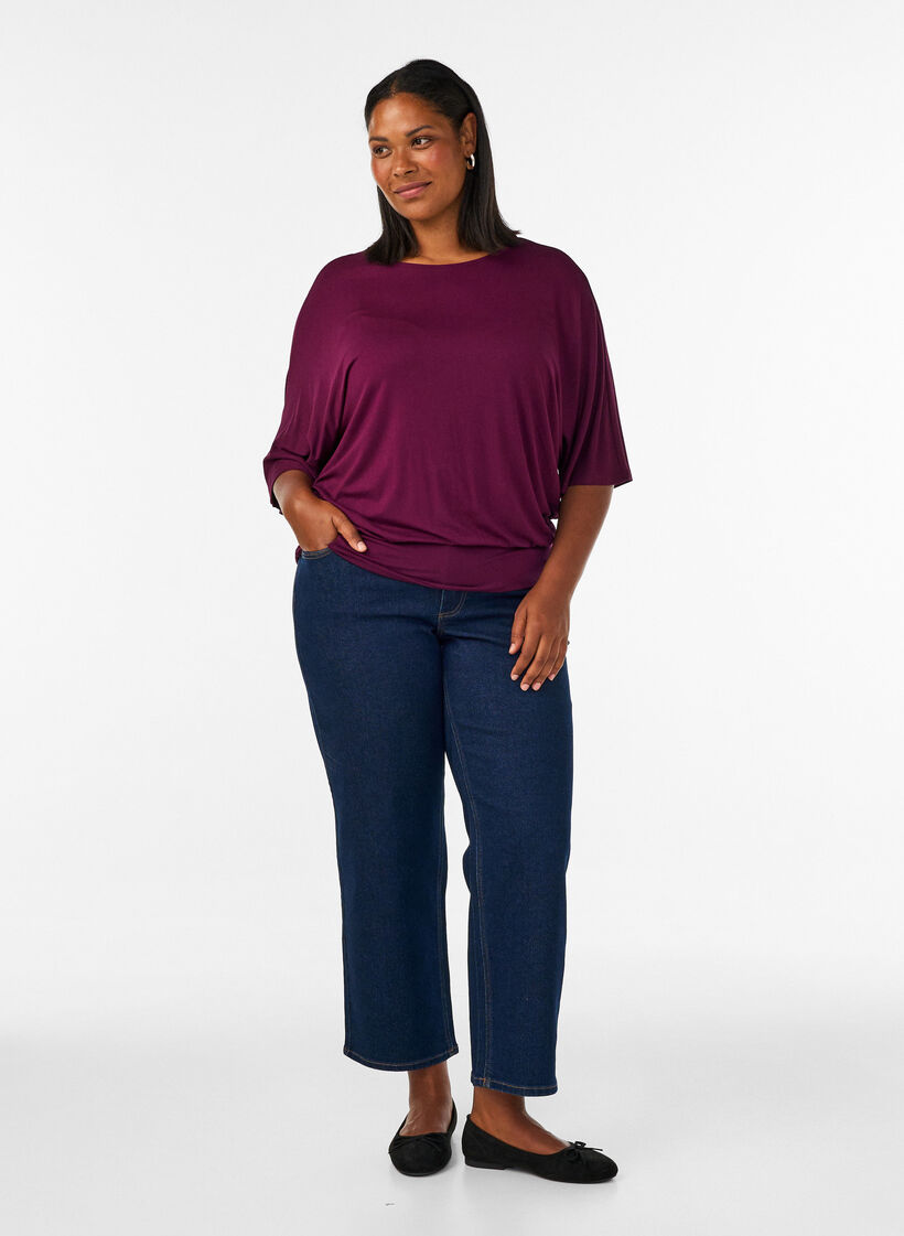 Jersey blouse with elbow-length balloon sleeves, Purple, Model image number 1