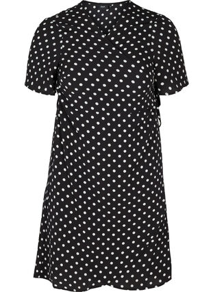 Short-sleeved wrap dress, Black w White Dot, Packshot image number 0