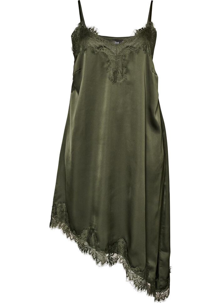 Satin dress with lace and an asymmetrical hem, Green, Packshot image number 0
