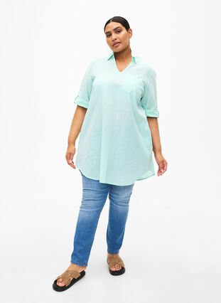 Short-sleeved cotton blend tunic with linen, Brook Green, Model image number 2