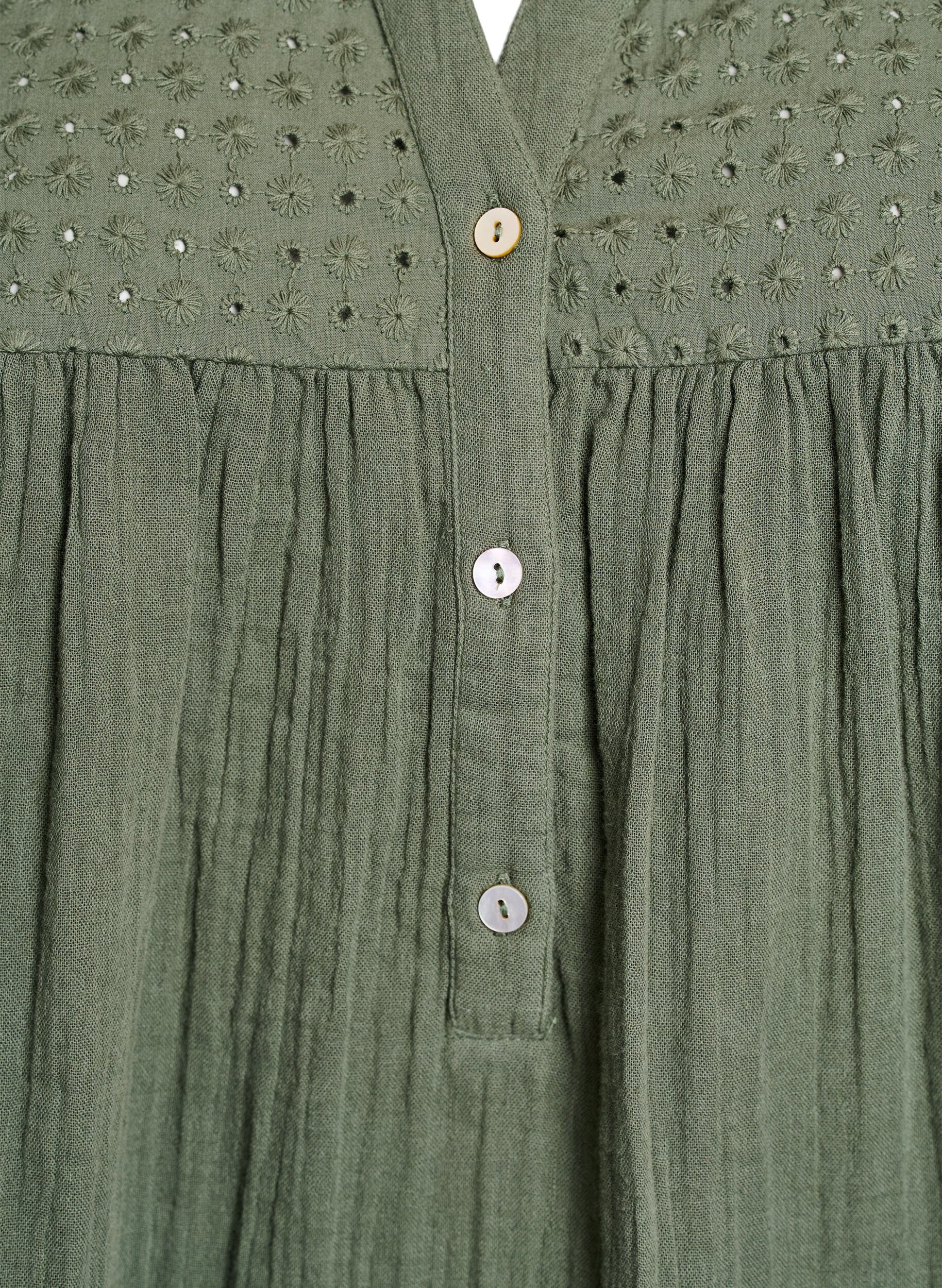 Zizzifashion Cotton muslin tunic with broderie anglaise, Green, Packshot image number 2