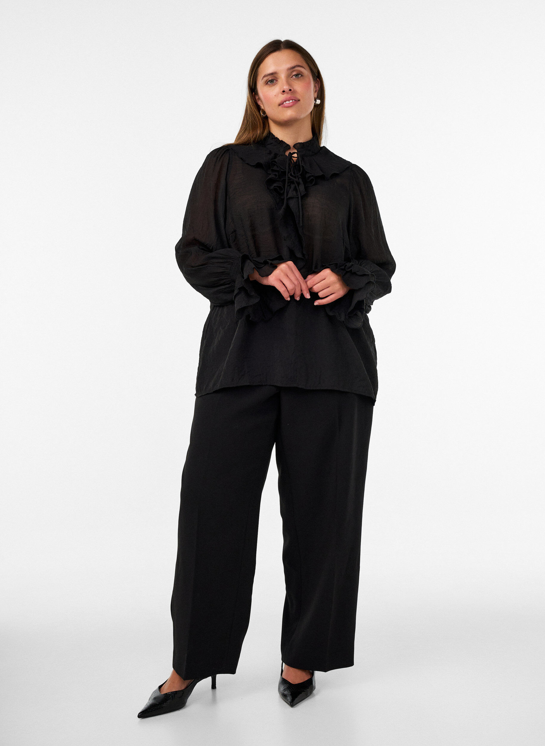ZizzifashionViscose blouse with ruffles and long sleeves, Black, Model image number 1