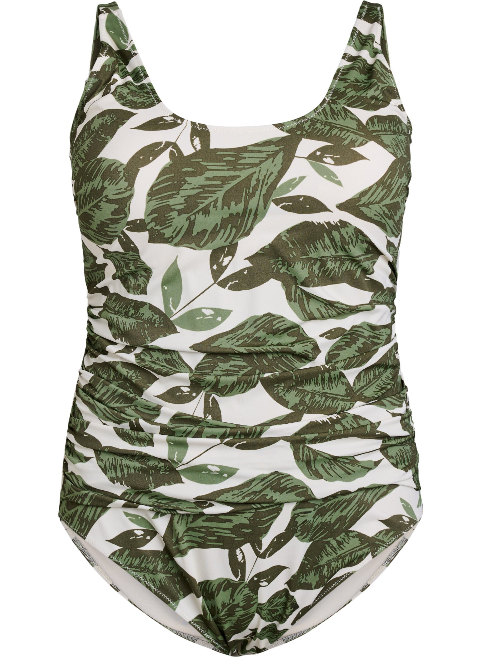 Swimsuit with palm print and ruched details