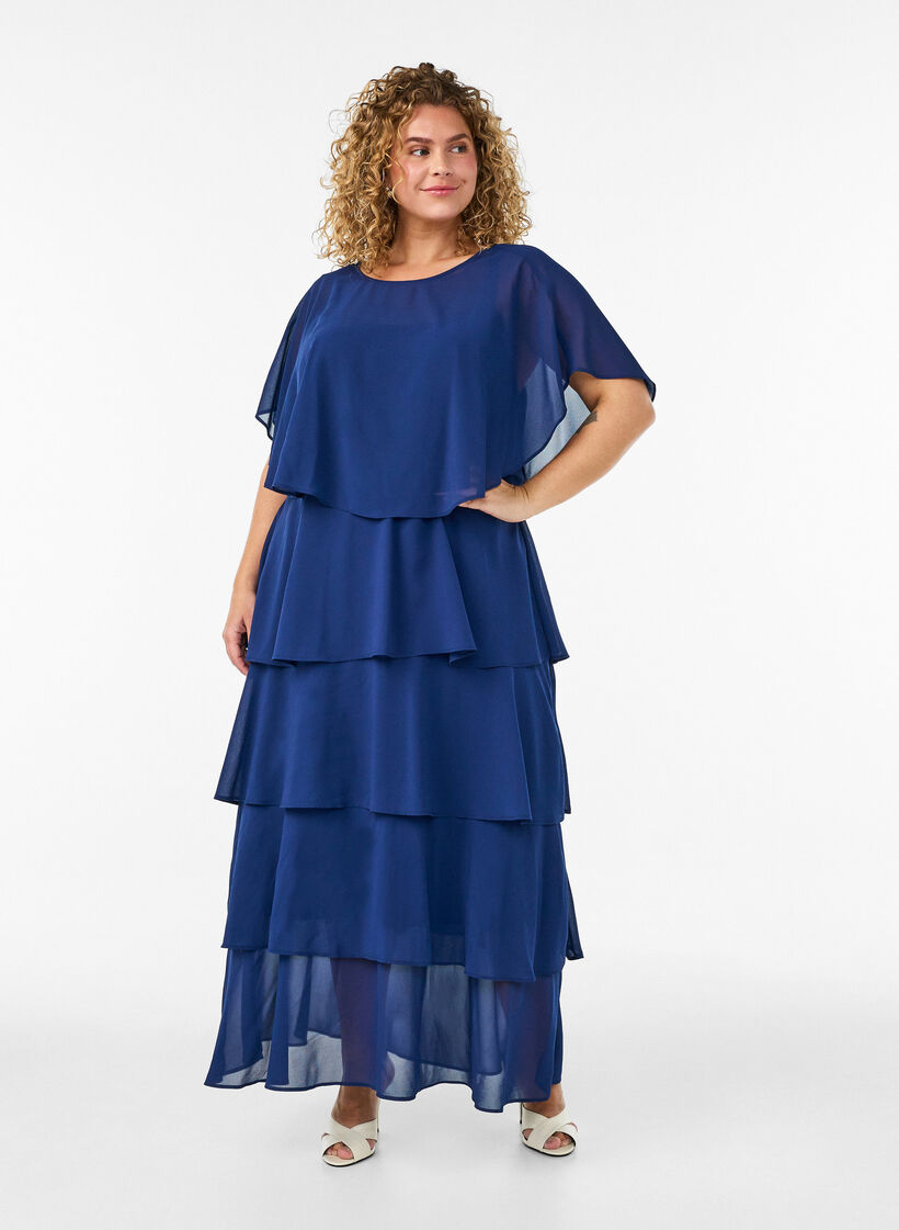 Maxi dress with ruffle layers and detachable cape, Blue, Model image number 2
