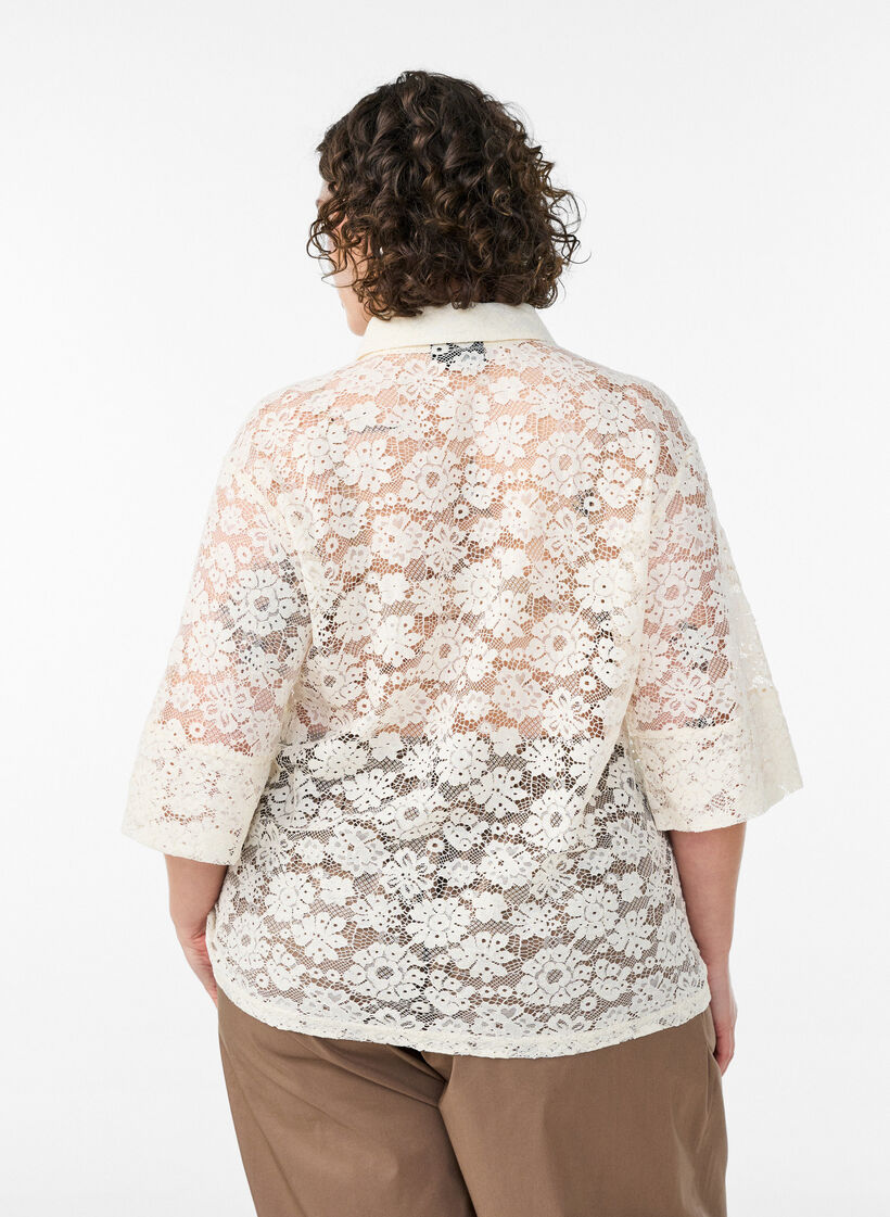 Lace blouse with collar and 1/2 sleeves, Vanilla, Model image number 2