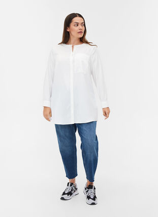Long, solid-coloured shirt with breast pocket, Warm Off-white, Model image number 2