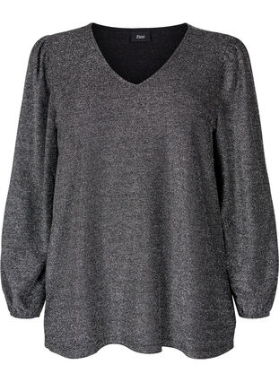 Glitter blouse with puff sleeves, Black Silver, Packshot image number 0