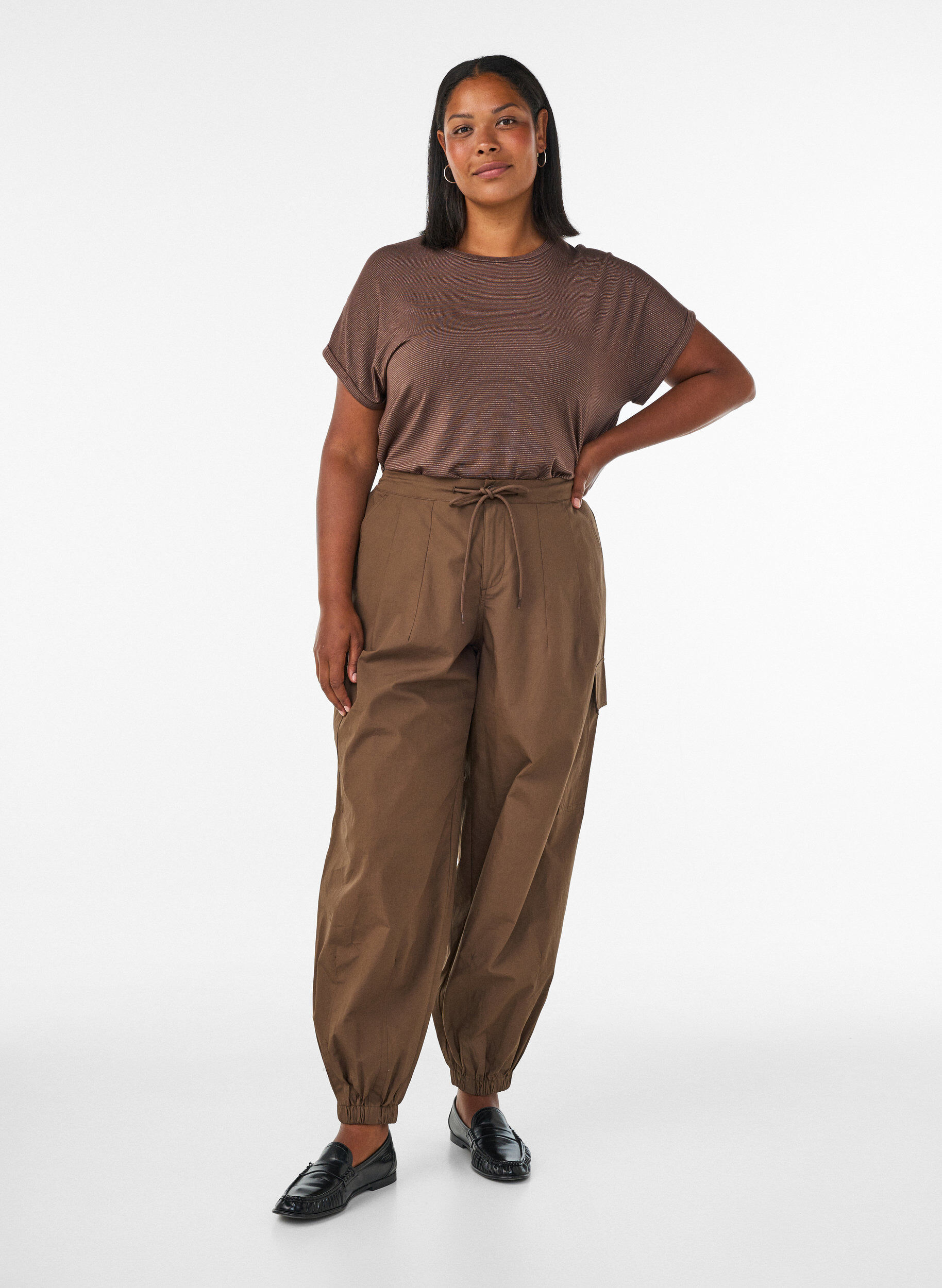 ZizzifashionViscose T-shirt with glitter stripes, Brown, Model image number 1